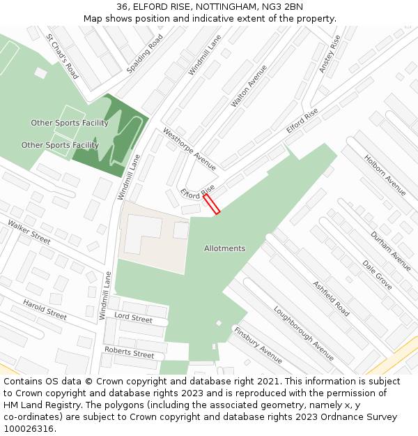 36, ELFORD RISE, NOTTINGHAM, NG3 2BN: Location map and indicative extent of plot