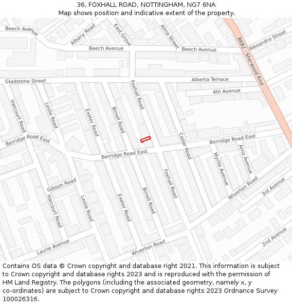 36, FOXHALL ROAD, NOTTINGHAM, NG7 6NA: Location map and indicative extent of plot