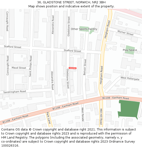 36, GLADSTONE STREET, NORWICH, NR2 3BH: Location map and indicative extent of plot