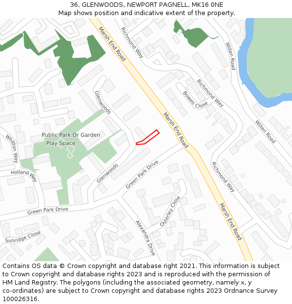 36, GLENWOODS, NEWPORT PAGNELL, MK16 0NE: Location map and indicative extent of plot