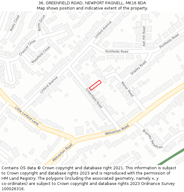36, GREENFIELD ROAD, NEWPORT PAGNELL, MK16 8DA: Location map and indicative extent of plot