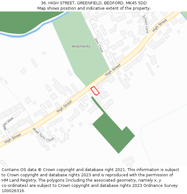 36, HIGH STREET, GREENFIELD, BEDFORD, MK45 5DD: Location map and indicative extent of plot