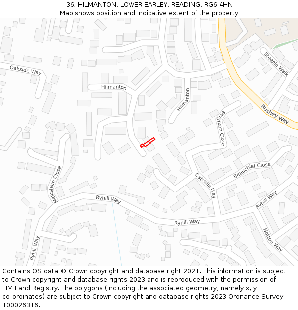 36, HILMANTON, LOWER EARLEY, READING, RG6 4HN: Location map and indicative extent of plot