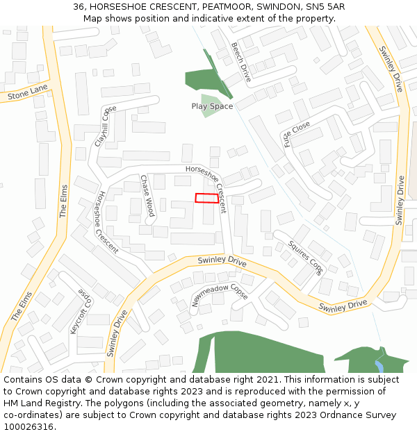 36, HORSESHOE CRESCENT, PEATMOOR, SWINDON, SN5 5AR: Location map and indicative extent of plot