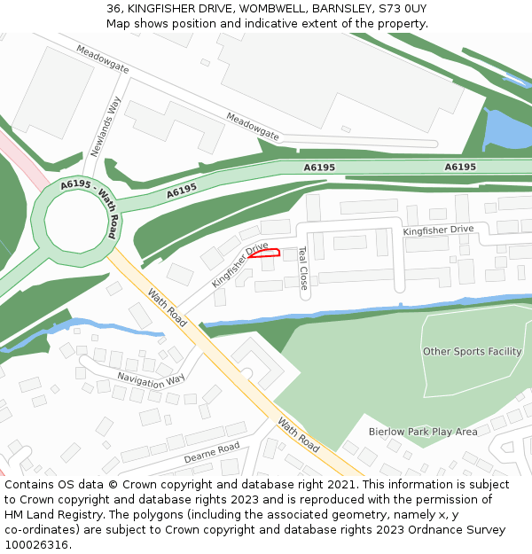 36, KINGFISHER DRIVE, WOMBWELL, BARNSLEY, S73 0UY: Location map and indicative extent of plot