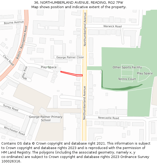 36, NORTHUMBERLAND AVENUE, READING, RG2 7PW: Location map and indicative extent of plot