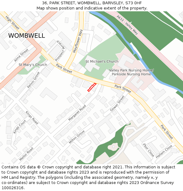 36, PARK STREET, WOMBWELL, BARNSLEY, S73 0HF: Location map and indicative extent of plot