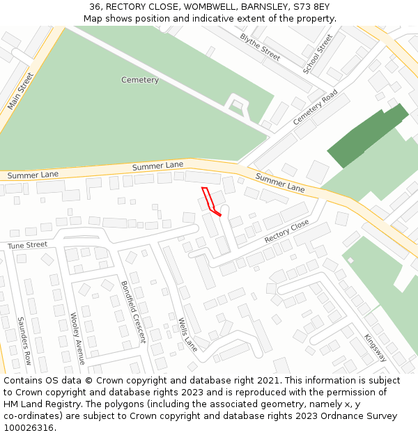 36, RECTORY CLOSE, WOMBWELL, BARNSLEY, S73 8EY: Location map and indicative extent of plot