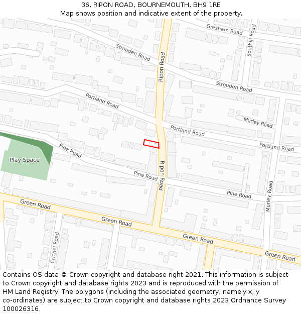 36, RIPON ROAD, BOURNEMOUTH, BH9 1RE: Location map and indicative extent of plot