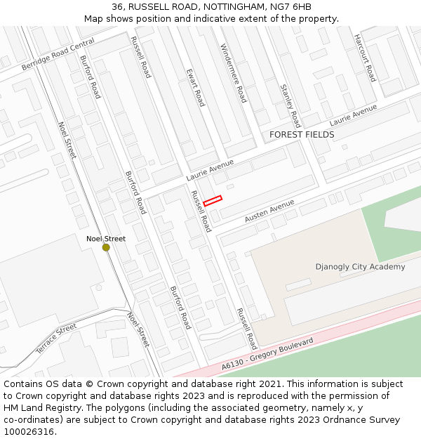 36, RUSSELL ROAD, NOTTINGHAM, NG7 6HB: Location map and indicative extent of plot