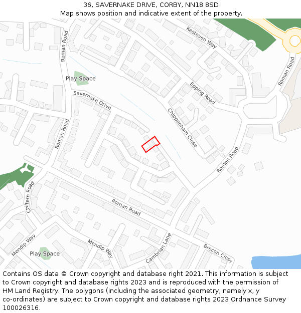 36, SAVERNAKE DRIVE, CORBY, NN18 8SD: Location map and indicative extent of plot