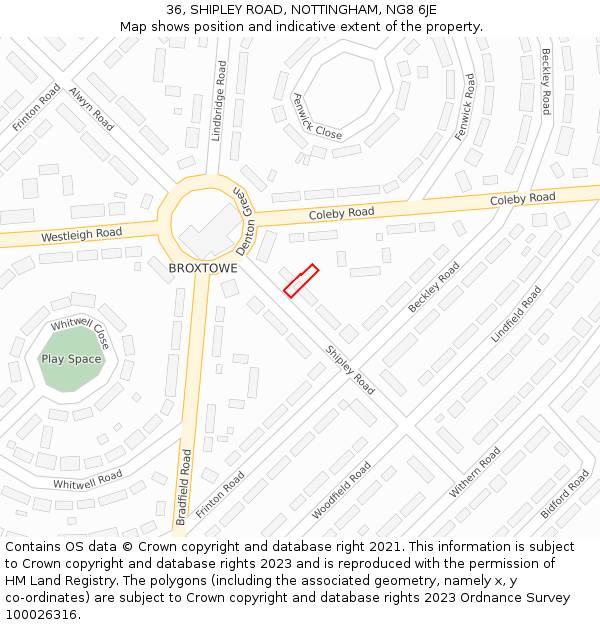 36, SHIPLEY ROAD, NOTTINGHAM, NG8 6JE: Location map and indicative extent of plot