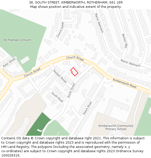 36, SOUTH STREET, KIMBERWORTH, ROTHERHAM, S61 1ER: Location map and indicative extent of plot