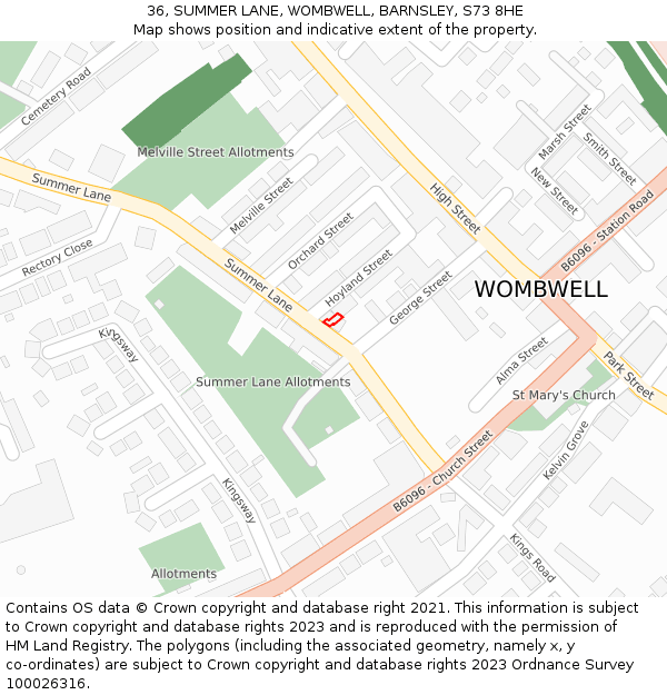36, SUMMER LANE, WOMBWELL, BARNSLEY, S73 8HE: Location map and indicative extent of plot