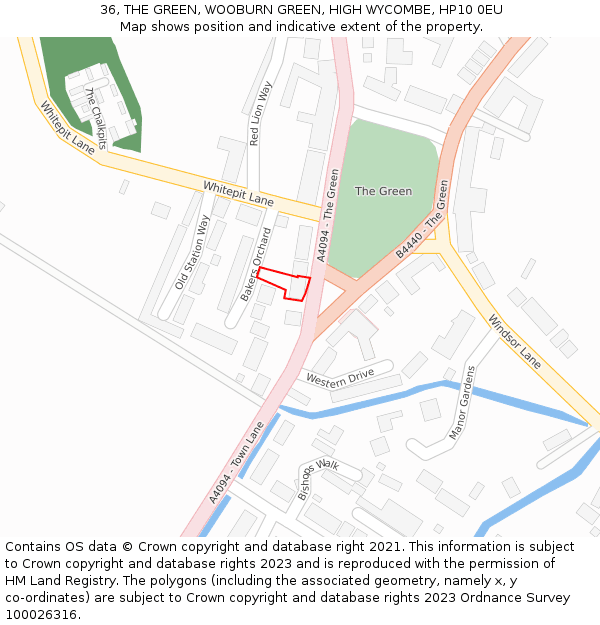 36, THE GREEN, WOOBURN GREEN, HIGH WYCOMBE, HP10 0EU: Location map and indicative extent of plot