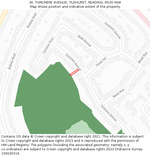 36, THIRLMERE AVENUE, TILEHURST, READING, RG30 6XW: Location map and indicative extent of plot