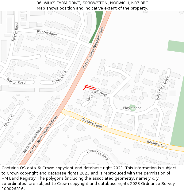 36, WILKS FARM DRIVE, SPROWSTON, NORWICH, NR7 8RG: Location map and indicative extent of plot