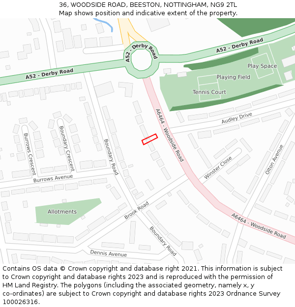 36, WOODSIDE ROAD, BEESTON, NOTTINGHAM, NG9 2TL: Location map and indicative extent of plot