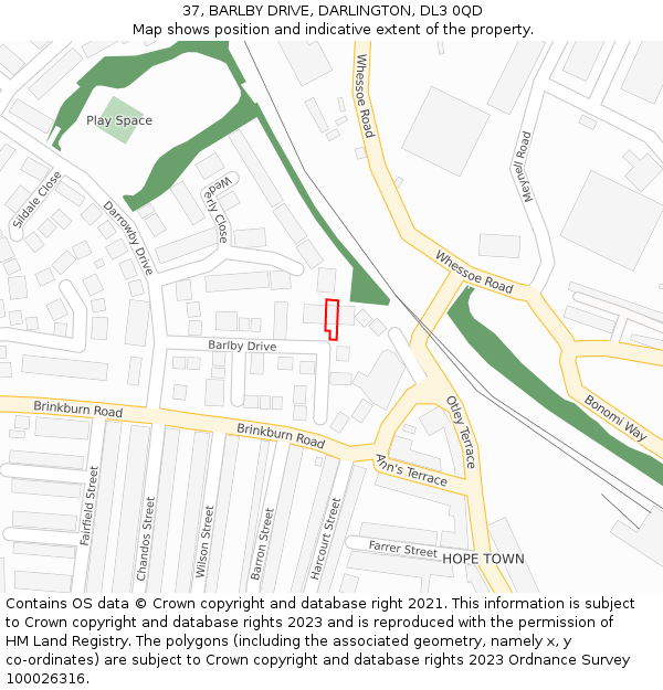 37, BARLBY DRIVE, DARLINGTON, DL3 0QD: Location map and indicative extent of plot