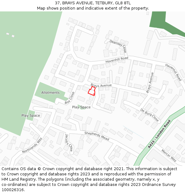 37, BRAYS AVENUE, TETBURY, GL8 8TL: Location map and indicative extent of plot