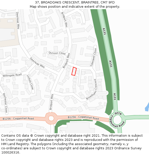37, BROADOAKS CRESCENT, BRAINTREE, CM7 9FD: Location map and indicative extent of plot