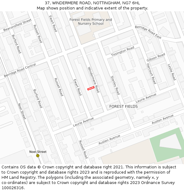 37, WINDERMERE ROAD, NOTTINGHAM, NG7 6HL: Location map and indicative extent of plot