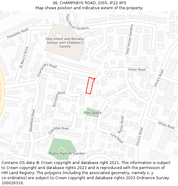 38, CHAMPNEYS ROAD, DISS, IP22 4PS: Location map and indicative extent of plot