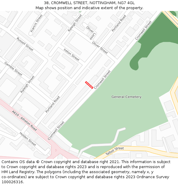 38, CROMWELL STREET, NOTTINGHAM, NG7 4GL: Location map and indicative extent of plot