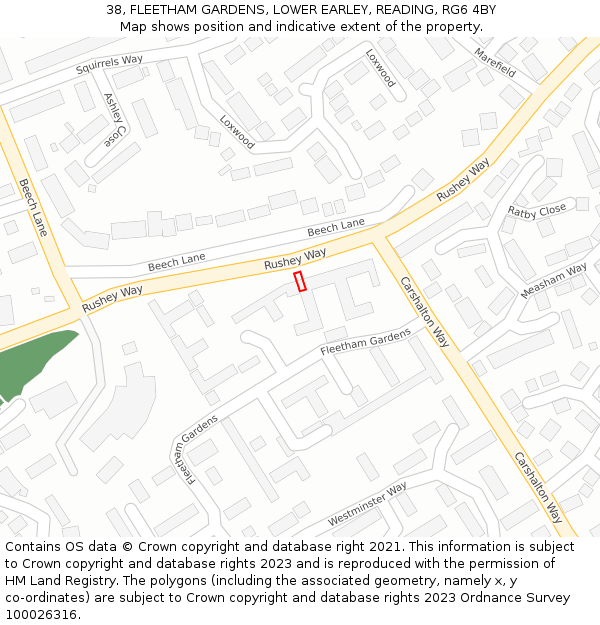 38, FLEETHAM GARDENS, LOWER EARLEY, READING, RG6 4BY: Location map and indicative extent of plot