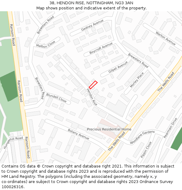 38, HENDON RISE, NOTTINGHAM, NG3 3AN: Location map and indicative extent of plot