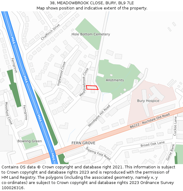 38, MEADOWBROOK CLOSE, BURY, BL9 7LE: Location map and indicative extent of plot