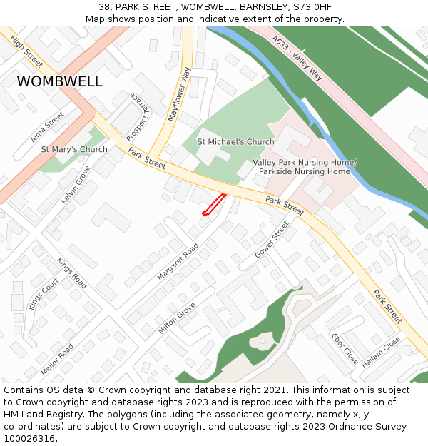 38, PARK STREET, WOMBWELL, BARNSLEY, S73 0HF: Location map and indicative extent of plot