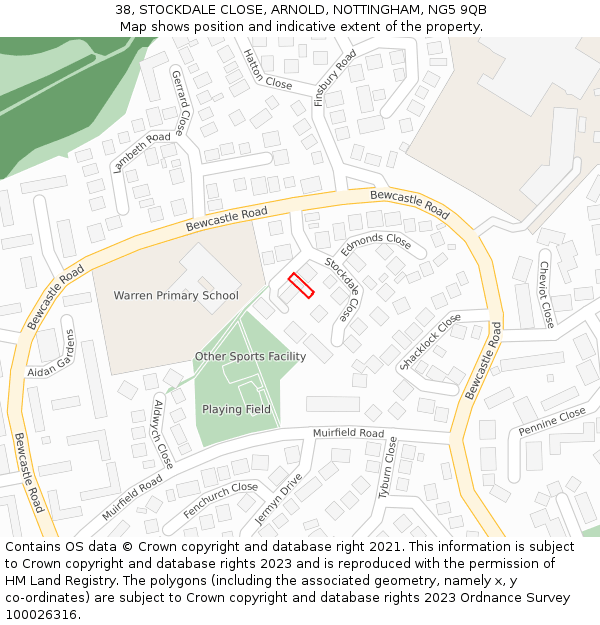 38, STOCKDALE CLOSE, ARNOLD, NOTTINGHAM, NG5 9QB: Location map and indicative extent of plot