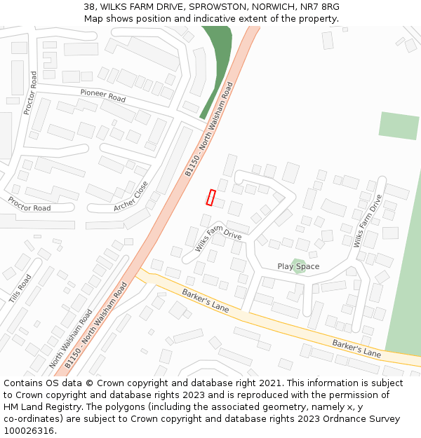 38, WILKS FARM DRIVE, SPROWSTON, NORWICH, NR7 8RG: Location map and indicative extent of plot
