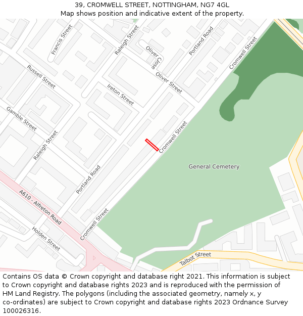 39, CROMWELL STREET, NOTTINGHAM, NG7 4GL: Location map and indicative extent of plot