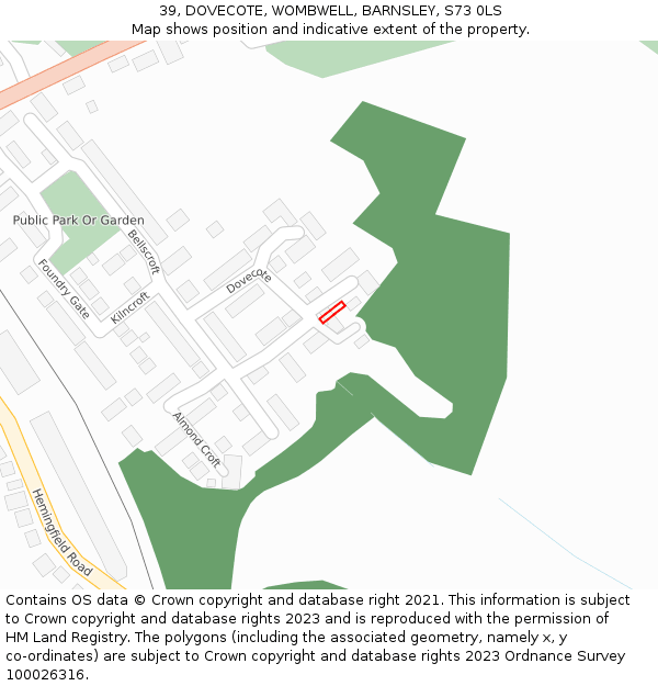 39, DOVECOTE, WOMBWELL, BARNSLEY, S73 0LS: Location map and indicative extent of plot
