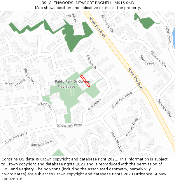 39, GLENWOODS, NEWPORT PAGNELL, MK16 0ND: Location map and indicative extent of plot