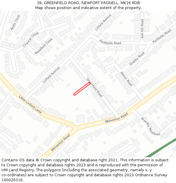 39, GREENFIELD ROAD, NEWPORT PAGNELL, MK16 8DB: Location map and indicative extent of plot