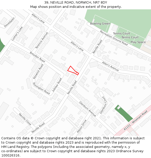 39, NEVILLE ROAD, NORWICH, NR7 8DY: Location map and indicative extent of plot