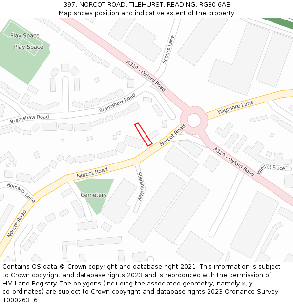 397, NORCOT ROAD, TILEHURST, READING, RG30 6AB: Location map and indicative extent of plot