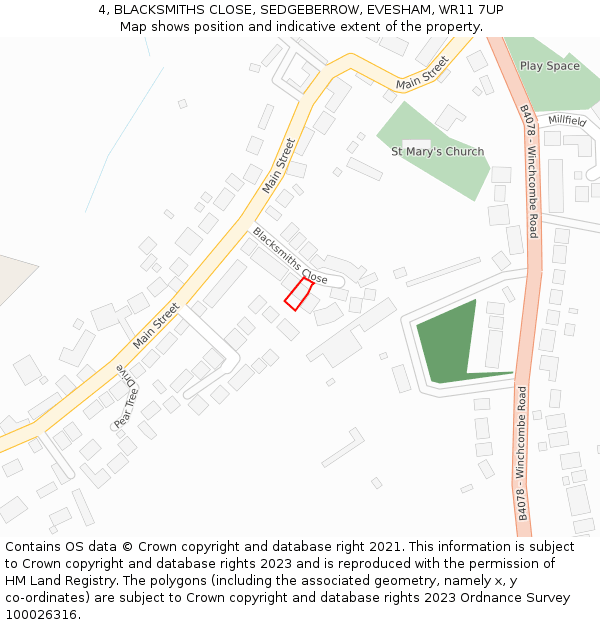 4, BLACKSMITHS CLOSE, SEDGEBERROW, EVESHAM, WR11 7UP: Location map and indicative extent of plot