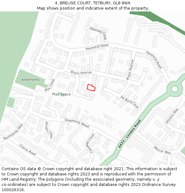 4, BREUSE COURT, TETBURY, GL8 8WA: Location map and indicative extent of plot