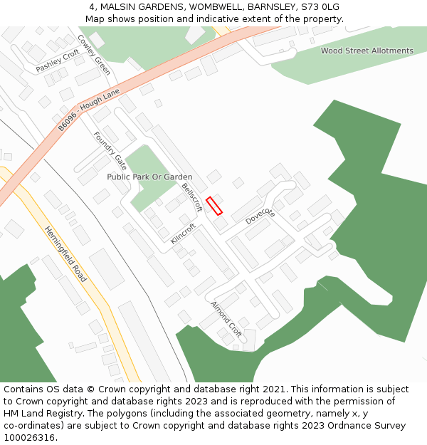 4, MALSIN GARDENS, WOMBWELL, BARNSLEY, S73 0LG: Location map and indicative extent of plot