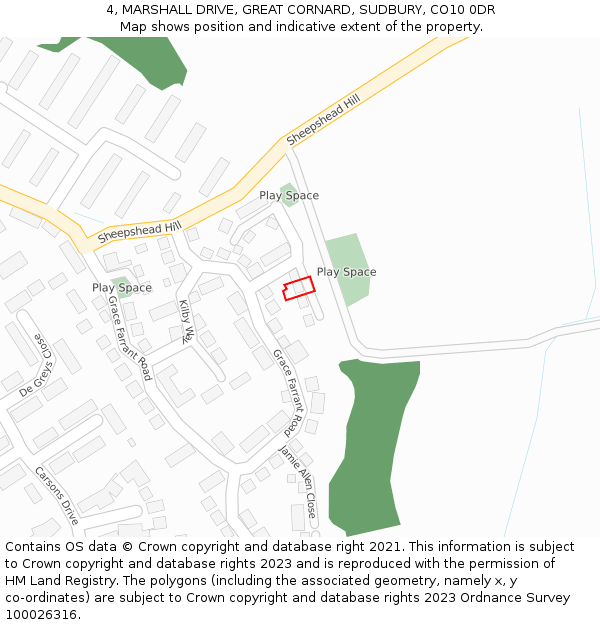 4, MARSHALL DRIVE, GREAT CORNARD, SUDBURY, CO10 0DR: Location map and indicative extent of plot