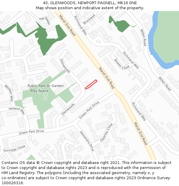 40, GLENWOODS, NEWPORT PAGNELL, MK16 0NE: Location map and indicative extent of plot