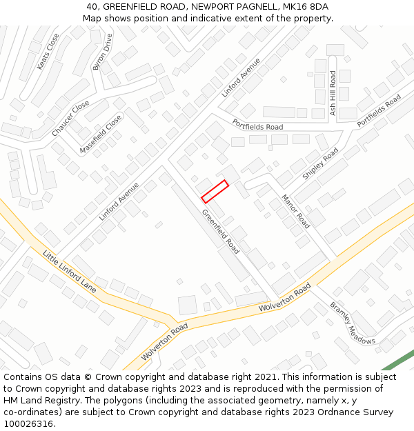 40, GREENFIELD ROAD, NEWPORT PAGNELL, MK16 8DA: Location map and indicative extent of plot