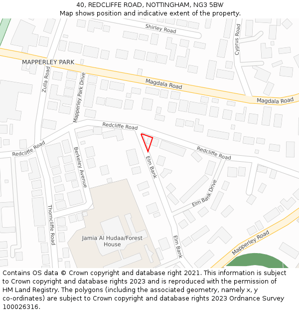 40, REDCLIFFE ROAD, NOTTINGHAM, NG3 5BW: Location map and indicative extent of plot
