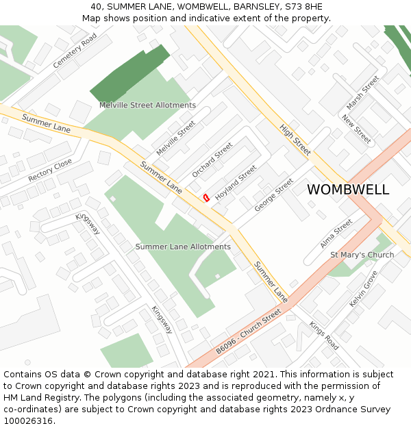 40, SUMMER LANE, WOMBWELL, BARNSLEY, S73 8HE: Location map and indicative extent of plot