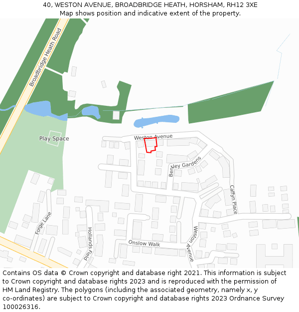 40, WESTON AVENUE, BROADBRIDGE HEATH, HORSHAM, RH12 3XE: Location map and indicative extent of plot