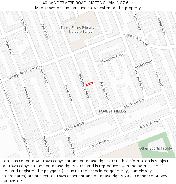 40, WINDERMERE ROAD, NOTTINGHAM, NG7 6HN: Location map and indicative extent of plot